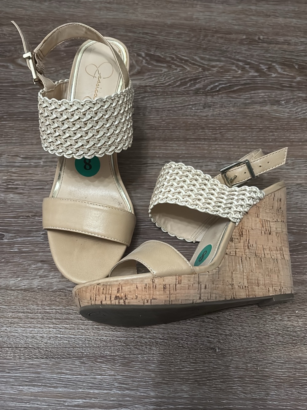 Franco Sarto Neutral Beige Woven Cork Wedge Sandals